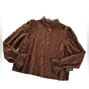Broadway 38 Brown Floral Lace Romantic Long Sleeve Blouse Size Large NWT